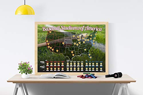 Baseball Stadiums of America Scratch Off Map | Lists National & Major League Teams | MLB Ballpark Wall Poster, Bucket List, & Tracker of Visited Parks | Gift for Baseball Enthusiasts & Sport Fans