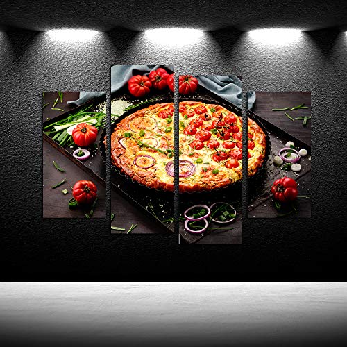 iKNOW FOTO Canvas Prints Wall Art 4 Panel Delicious Italian Pizza Served on Wooden Table Food Pictures Modern Home Decor Stretched Gallery Canvas Wraps Giclee Print for Kitchen Dinning Room Restaurant