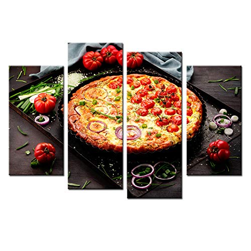 iKNOW FOTO Canvas Prints Wall Art 4 Panel Delicious Italian Pizza Served on Wooden Table Food Pictures Modern Home Decor Stretched Gallery Canvas Wraps Giclee Print for Kitchen Dinning Room Restaurant