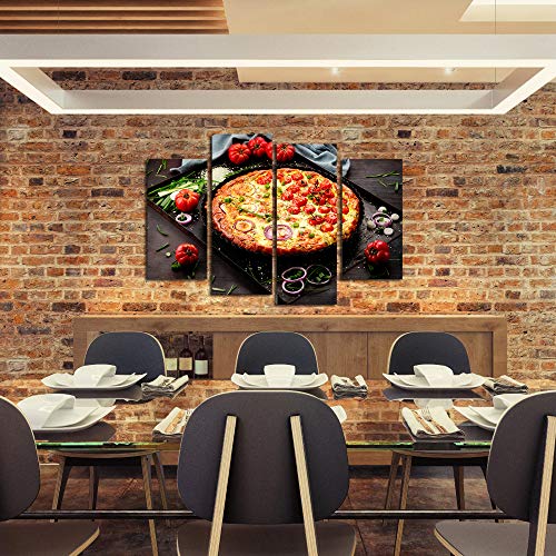 iKNOW FOTO Canvas Prints Wall Art 4 Panel Delicious Italian Pizza Served on Wooden Table Food Pictures Modern Home Decor Stretched Gallery Canvas Wraps Giclee Print for Kitchen Dinning Room Restaurant