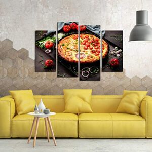 iKNOW FOTO Canvas Prints Wall Art 4 Panel Delicious Italian Pizza Served on Wooden Table Food Pictures Modern Home Decor Stretched Gallery Canvas Wraps Giclee Print for Kitchen Dinning Room Restaurant