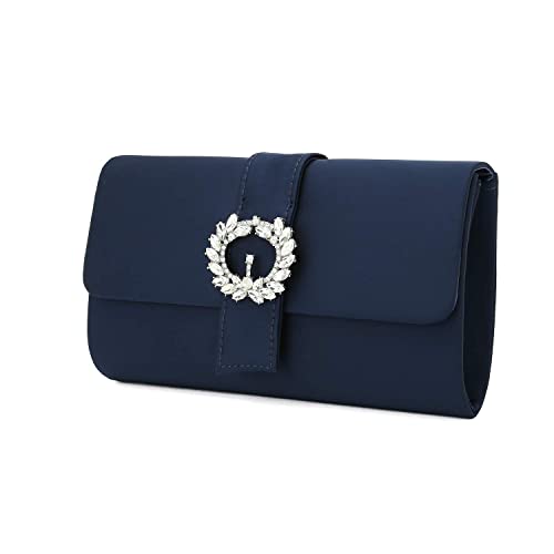 CHARMING TAILOR Evening Bag Diamantes Embellished Satin Clutch Handbag for Woman Classy Party Purse with Beaded Brooch (Navy)