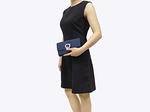 CHARMING TAILOR Evening Bag Diamantes Embellished Satin Clutch Handbag for Woman Classy Party Purse with Beaded Brooch (Navy)