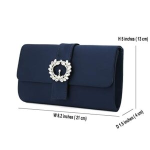 CHARMING TAILOR Evening Bag Diamantes Embellished Satin Clutch Handbag for Woman Classy Party Purse with Beaded Brooch (Navy)