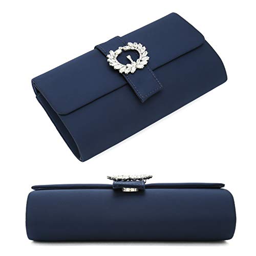 CHARMING TAILOR Evening Bag Diamantes Embellished Satin Clutch Handbag for Woman Classy Party Purse with Beaded Brooch (Navy)