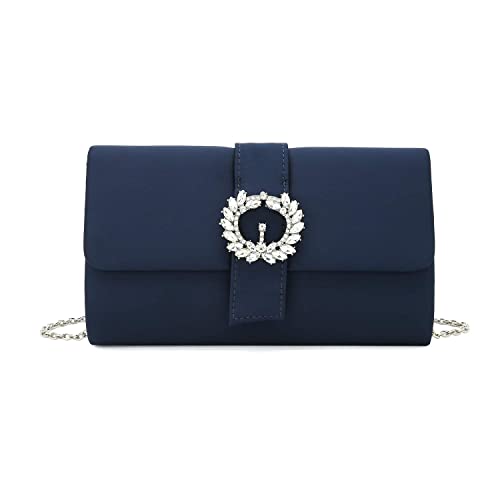 CHARMING TAILOR Evening Bag Diamantes Embellished Satin Clutch Handbag for Woman Classy Party Purse with Beaded Brooch (Navy)