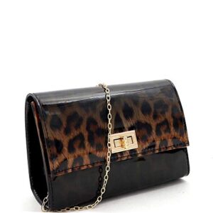 leopard print glossy faux leather clutch purse shoulder bag with chain strap (turn-lock flap – 1nude/black)