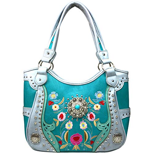 Embroidered Floral Laser Cut Turquoise Rhinestone Concho Concealed Carry Tote Hobo Purse Wallet Set (Turquoise)