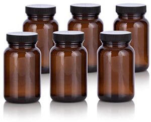 5 oz amber glass packer bottle with black ribbed lid (6 pack)