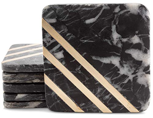 Cork & Mill Marble Coasters for Drinks - Handcrafted Modern Coasters - Square Drink Coasters - Black Marble Coasters with Gold Brass Inlay - Made from Real Solid Marble - Set of 6