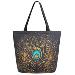 zzwwr beautiful gold sparkling peacock feather extra large canvas shoulder tote top handle bag for gym beach travel shopping
