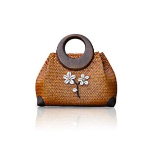 qtkj cute hand-woven straw bag boho wooden handle handbag women’s summer beach rattan tote travel bag with white flower (gold)