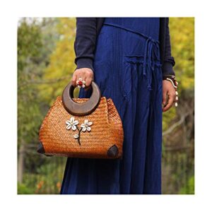 QTKJ Cute Hand-woven Straw Bag Boho Wooden Handle Handbag Women's Summer Beach Rattan Tote Travel Bag with White Flower (Gold)