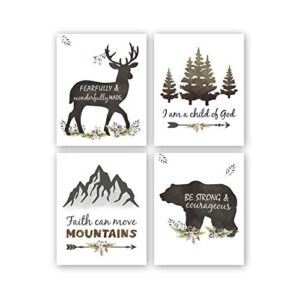 kairne woodland inspirational quote art print,forest animals bible verse canvas poster picture,set of 4(8”x10”,unframed) watercolor nursery wall art for kids room decor