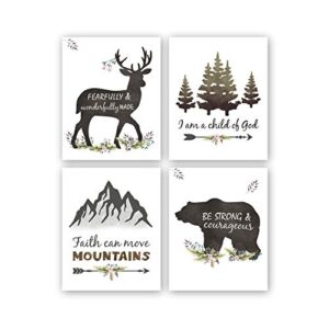 KAIRNE Woodland Inspirational Quote Art Print,Forest Animals Bible Verse Canvas Poster Picture,Set Of 4(8”x10”,Unframed) Watercolor Nursery Wall Art For Kids Room Decor