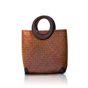 qtkj hand-woven womens straw large boho handbag bag for women, summer beach rattan tote travel bag with wood round top handle (khaki 1)