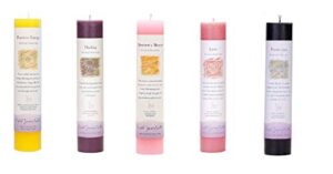 crystal journey reiki charged herbal pillar candle with inspirational labels – 5 pack (manifest a miracle, healing, positive energy, love, protection), each 7″x1.5″ handcrafted, lead-free