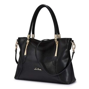 cow leather tote handbags for women pocketbooks top-handle bags ladies medium-sized zipper purses (black)