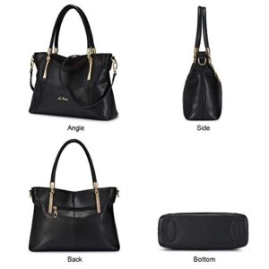 Cow Leather Tote Handbags for Women Pocketbooks Top-handle Bags Ladies Medium-sized Zipper Purses (Black)