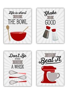 red retro vintage kitchen wall art prints – set of 4-8×10 unframed gray, red & white kitchen utensil prints perfect for rustic, modern farmhouse, country decor.