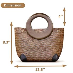 QTKJ Hand-woven Womens Straw Boho Handbag Bag for Women, Summer Beach Rattan Tote Travel Bag with Wood Round Top Handle (Khaki 2)