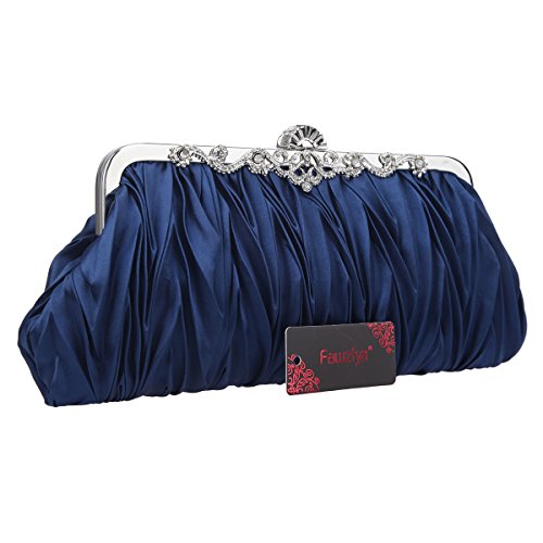 Fawziya Satin Pleated Clutch Crystal Evening Bags For Women Formal-Navy Blue