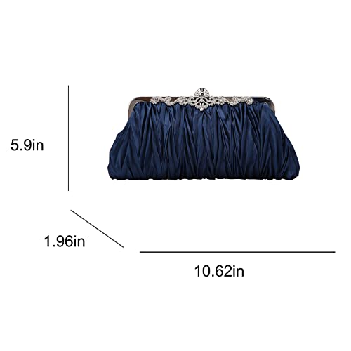 Fawziya Satin Pleated Clutch Crystal Evening Bags For Women Formal-Navy Blue