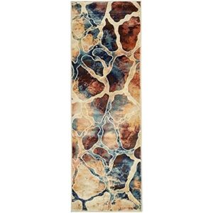 unique loom mystic collection abstract, mid-century modern, rustic area rug, 2 ft x 6 ft, beige/navy blue