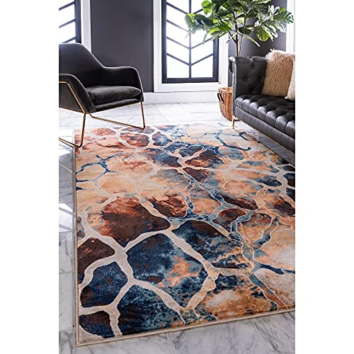 Unique Loom Mystic Collection Abstract, Mid-Century Modern, Rustic Area Rug, 2 ft x 6 ft, Beige/Navy Blue