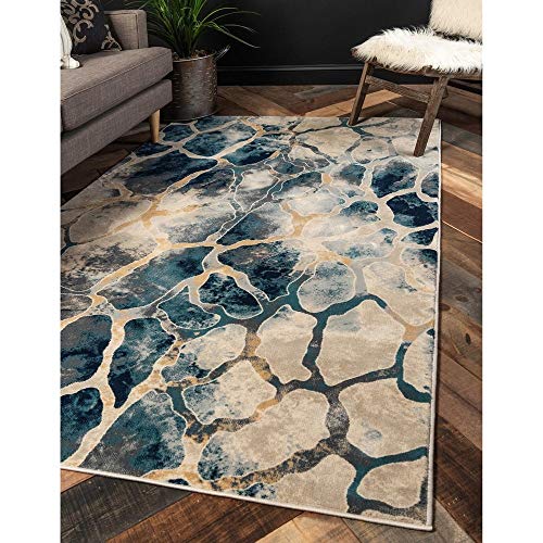 Unique Loom Mystic Collection Abstract, Mid-Century Modern, Rustic Area Rug, 2 ft x 6 ft, Beige/Navy Blue