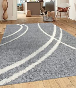 rugshop cozy contemporary stripe perfect for living room,bedroom,home office non-shedding plush shag area rug 5’3″ x 7’3″ gray-white