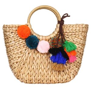 womens large straw bags beach tote bag handwoven hobo bag summer beach bag straw handbag (brown with pom poms)
