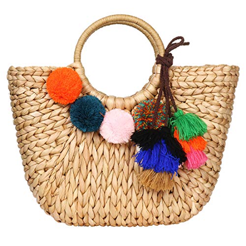 Womens Large Straw Bags Beach Tote Bag Handwoven Hobo Bag Summer Beach Bag Straw Handbag (Brown with Pom Poms)