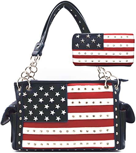 American Flag USA Stars and Stripes Concealed Carry Purse Women Country Handbag Wallet Set Red White Blue (#3 Navy Blue Set)