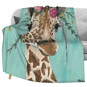 giraffe with floral headpiece flannel fleece throw blanket living room/bedroom/sofa couch warm soft bed blanket for kids adults all season 50×60 inch