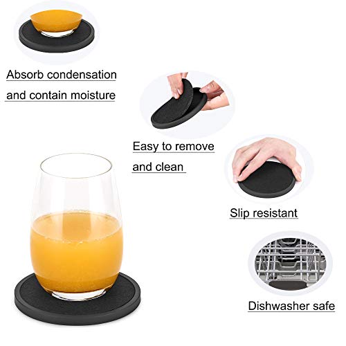 Absorbent Coasters for Drinks with Holder - 6packs, Silicone Coasters with Soft Felt Insert, Black (Coasters with Holder, Black)