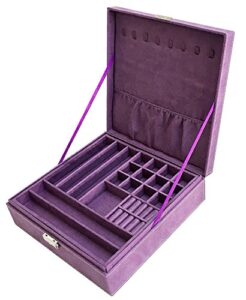 sodynee® purple two-layer lint jewelry box organizer display storage case with lock