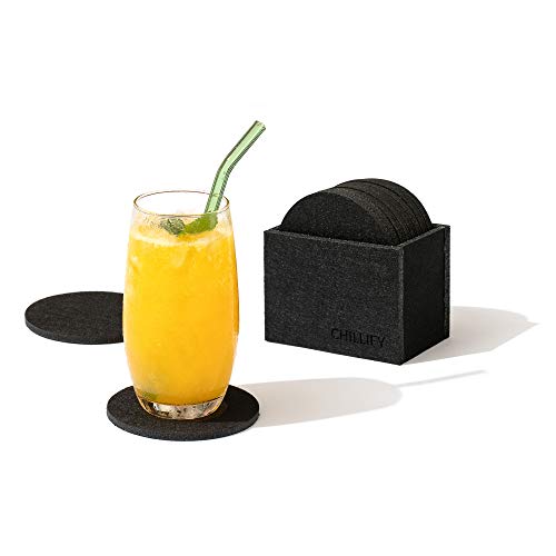 Chillify Felt Coasters with Holder | Kitchen Home Decor Gift | Non-Slip, Water Resistant, Washable | Set of 8 | Black