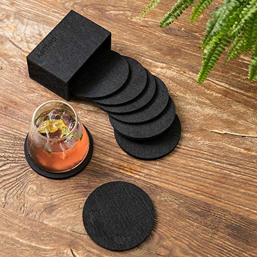 Chillify Felt Coasters with Holder | Kitchen Home Decor Gift | Non-Slip, Water Resistant, Washable | Set of 8 | Black