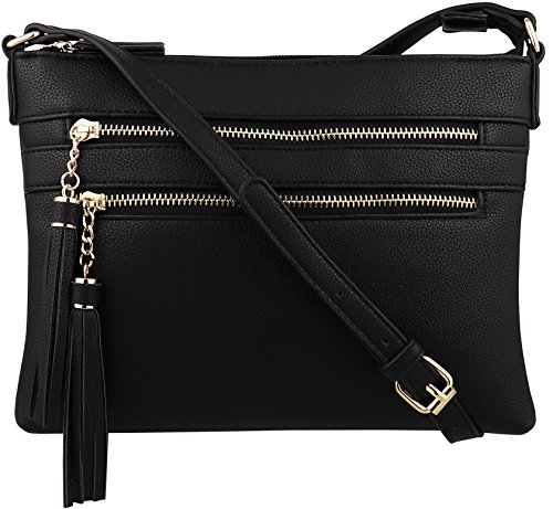 B BRENTANO Vegan Multi-Zipper Crossbody Handbag Purse with Tassel Accents (Black 1)