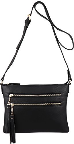 B BRENTANO Vegan Multi-Zipper Crossbody Handbag Purse with Tassel Accents (Black 1)