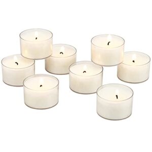 stonebriar bulk 96 pack unscented smokeless long burning clear cup tea light candles with 8 hour extended burn time, white