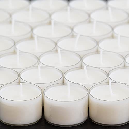 Stonebriar Bulk 96 Pack Unscented Smokeless Long Burning Clear Cup Tea Light Candles with 8 Hour Extended Burn Time, White