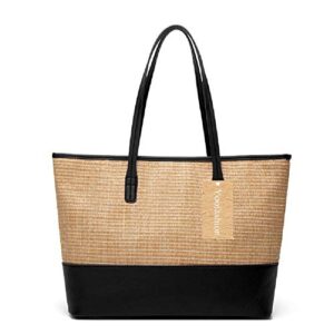yoofashion straw tote bag for women shoulder bag summer beach bag girls fashion top handle handbag (a110-black)