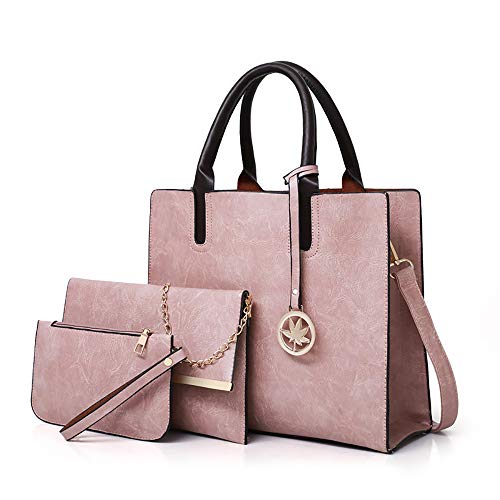 Women Handbags Sets 3 Pcs Large Capacity Handbag Chain Shoulder Bag Clutch Wrist Purse, Pink