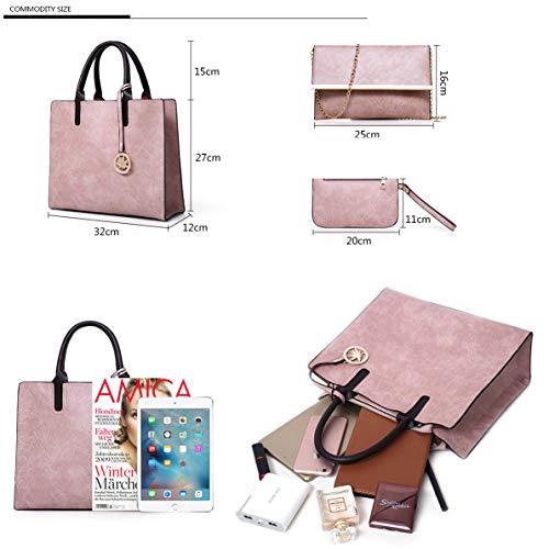 Women Handbags Sets 3 Pcs Large Capacity Handbag Chain Shoulder Bag Clutch Wrist Purse, Pink