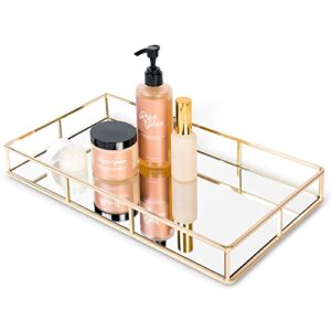 houseables mirror tray, gold decorative countertop, mirrored perfume organizer, 16″ x 9″, ornate vanity décor, bathroom accessories plate, jewelry box, makeup holder, coffee table catchall, brass
