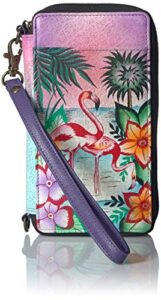 anna by anuschka women’s hand-painted genuine leather smartphone case & wallet – tropical flamingos