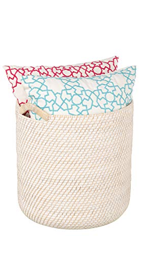 Kouboo Laguna Round Ear Handles, White-Wash Rattan Storage Basket