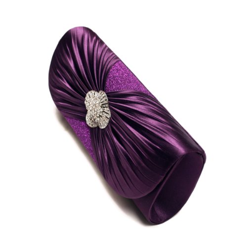 Elegant Cross Pleated Satin Flap Crystal Clutch Evening Bag, Purple